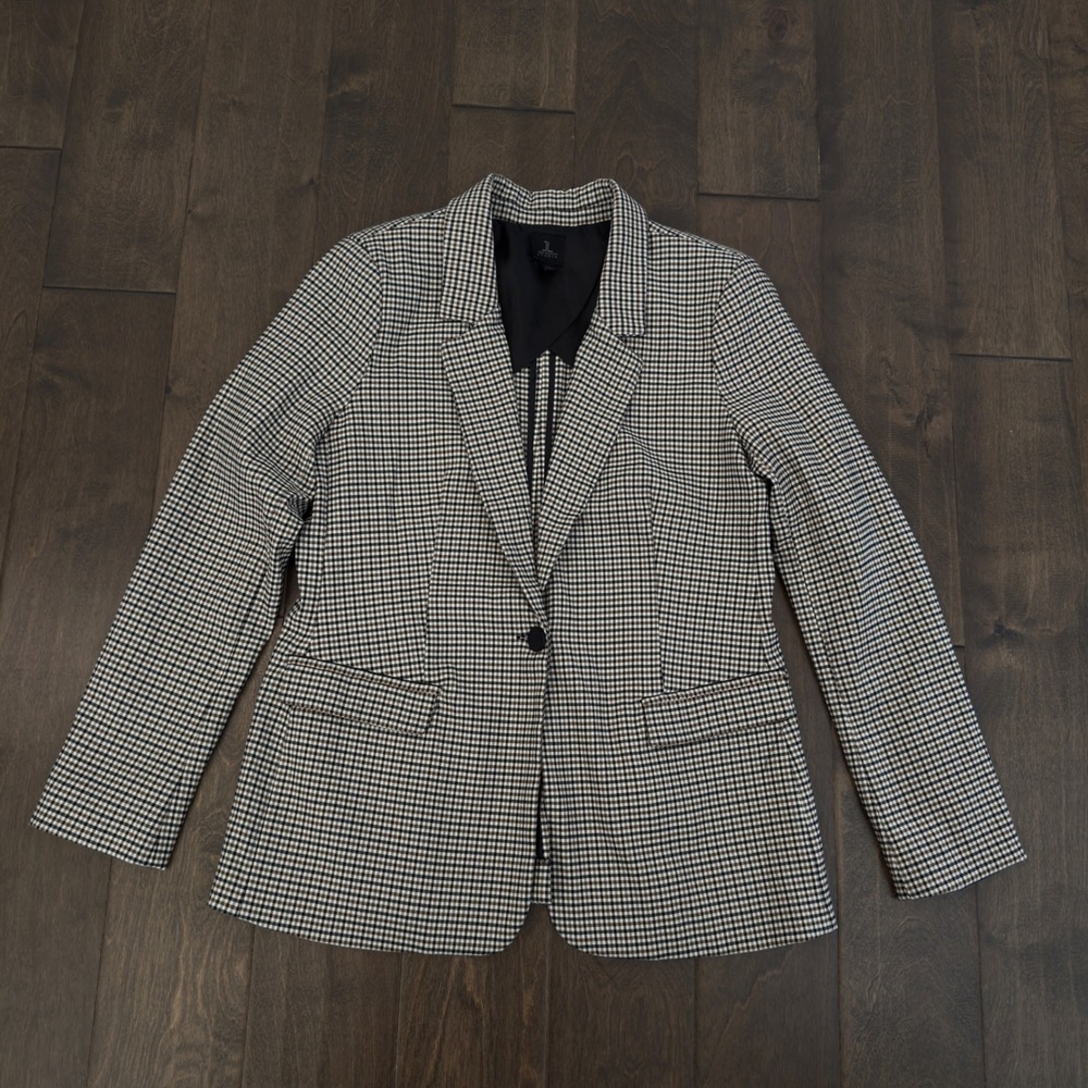 Jules‎ & Leopold Studio Womens Sz M Micro Check Blazer Black White Brown Jacket